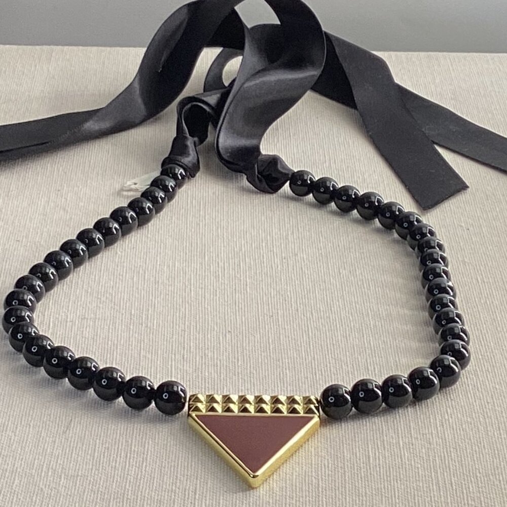 ✨Handmade Chic Black Beaded Statement Choker with Gold-Tone Triangle Pendant .